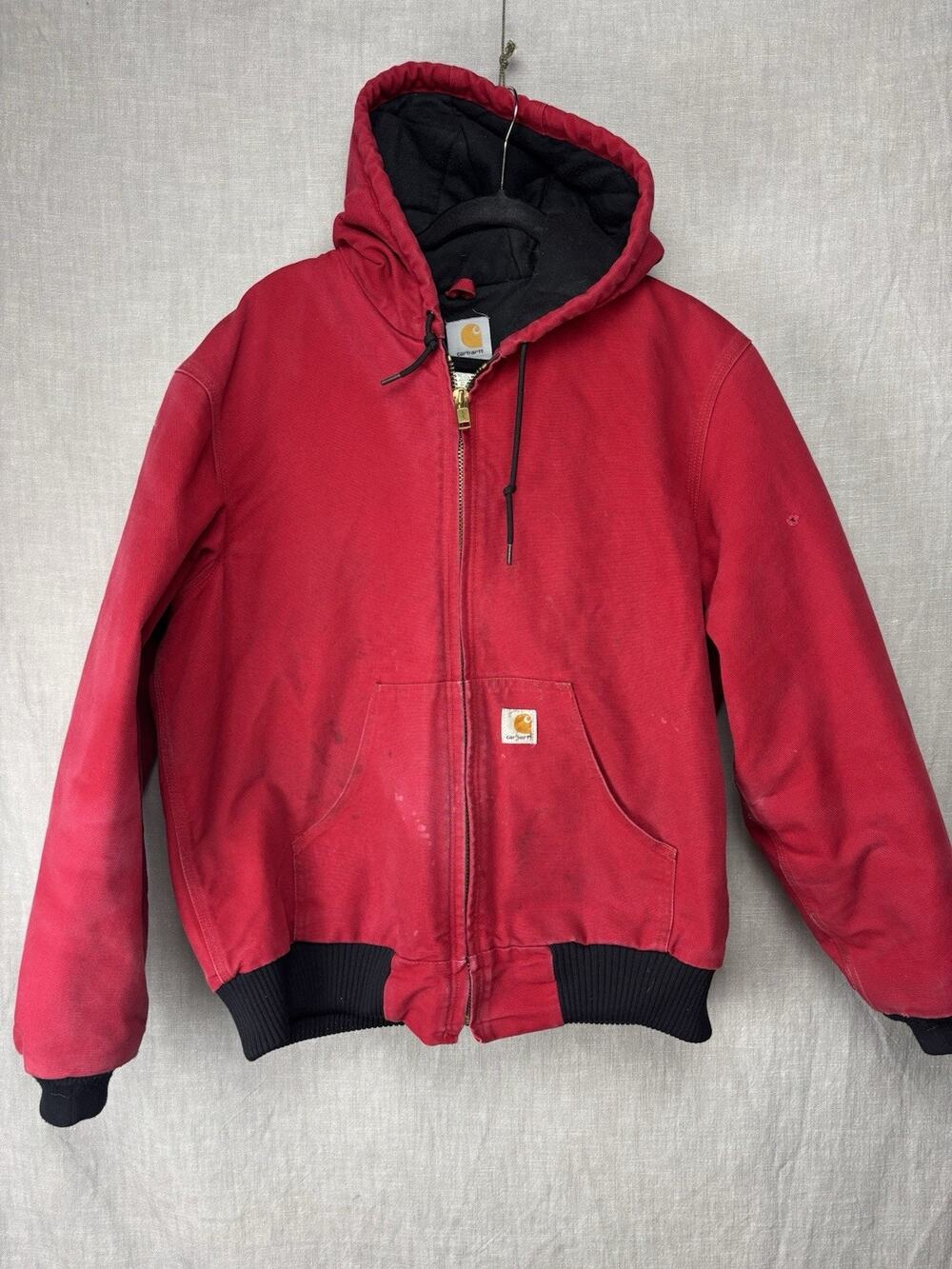 Vintage Carhartt Jacket Mens M Red 90S Duck Canvas Lined Hooded Coat USA